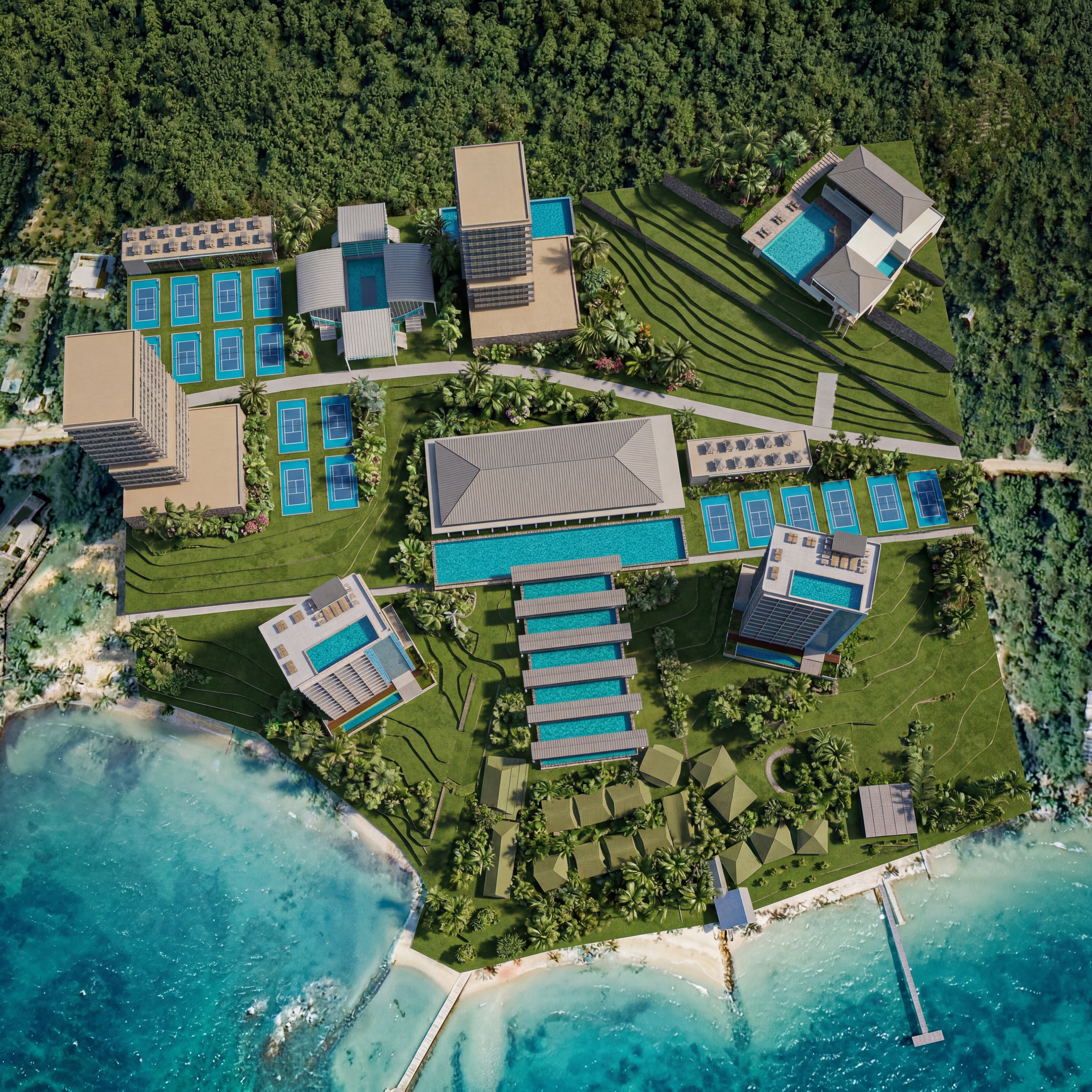 Juna Resort aerial view — beachfront resort with pools and courts