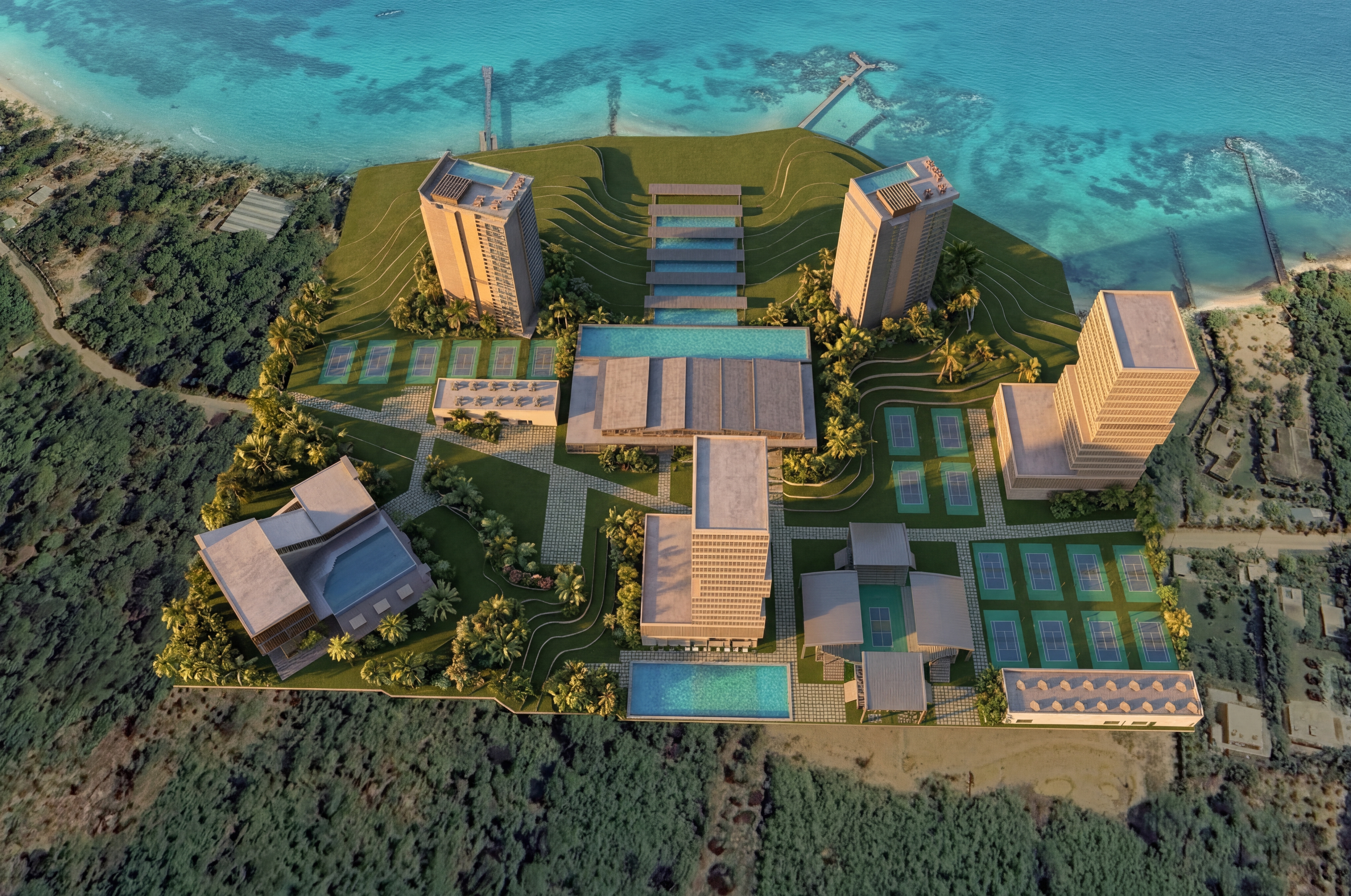 Juna Resort perspective render — main buildings and pickleball complex