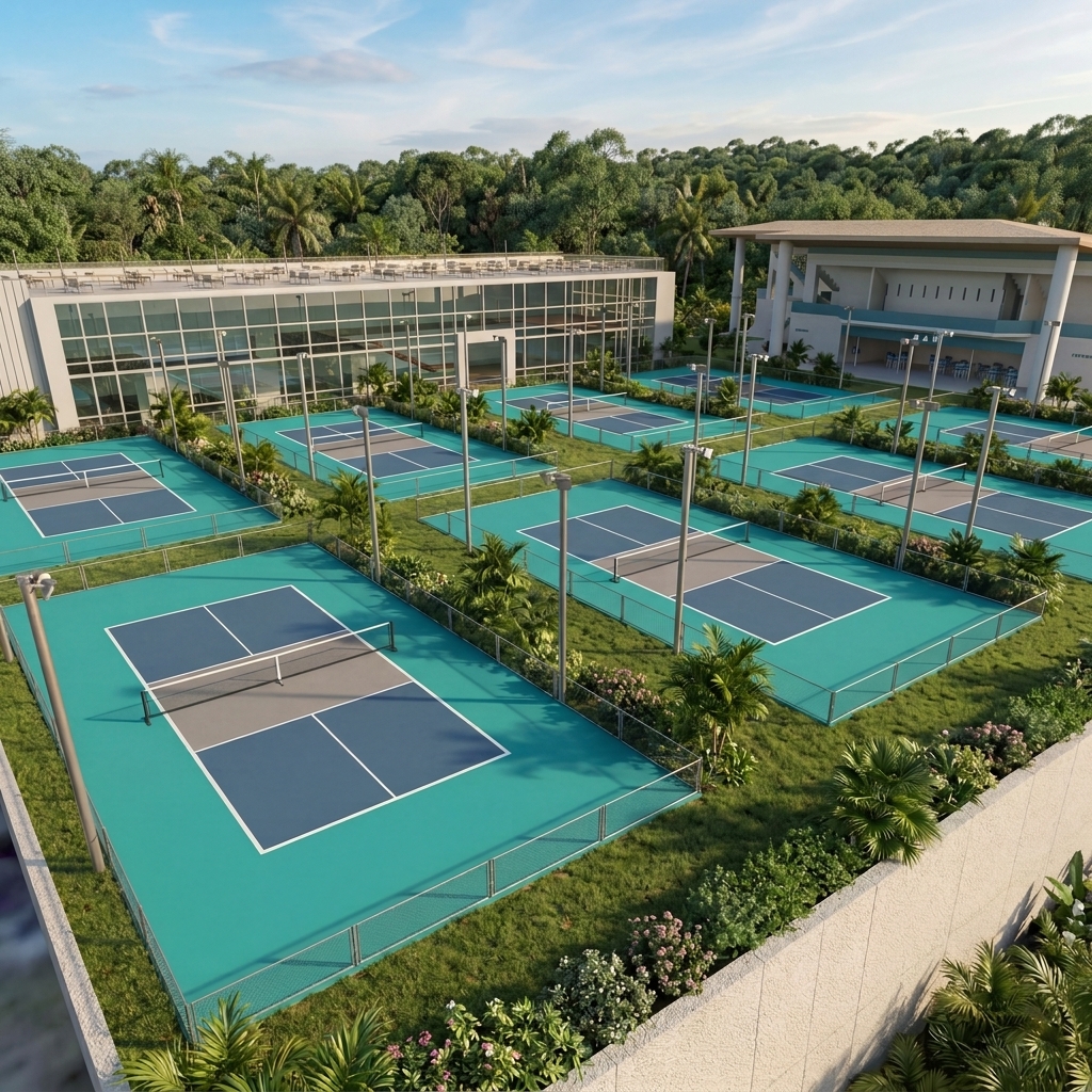 Juna Resort pickleball complex — 18 professional courts aerial view