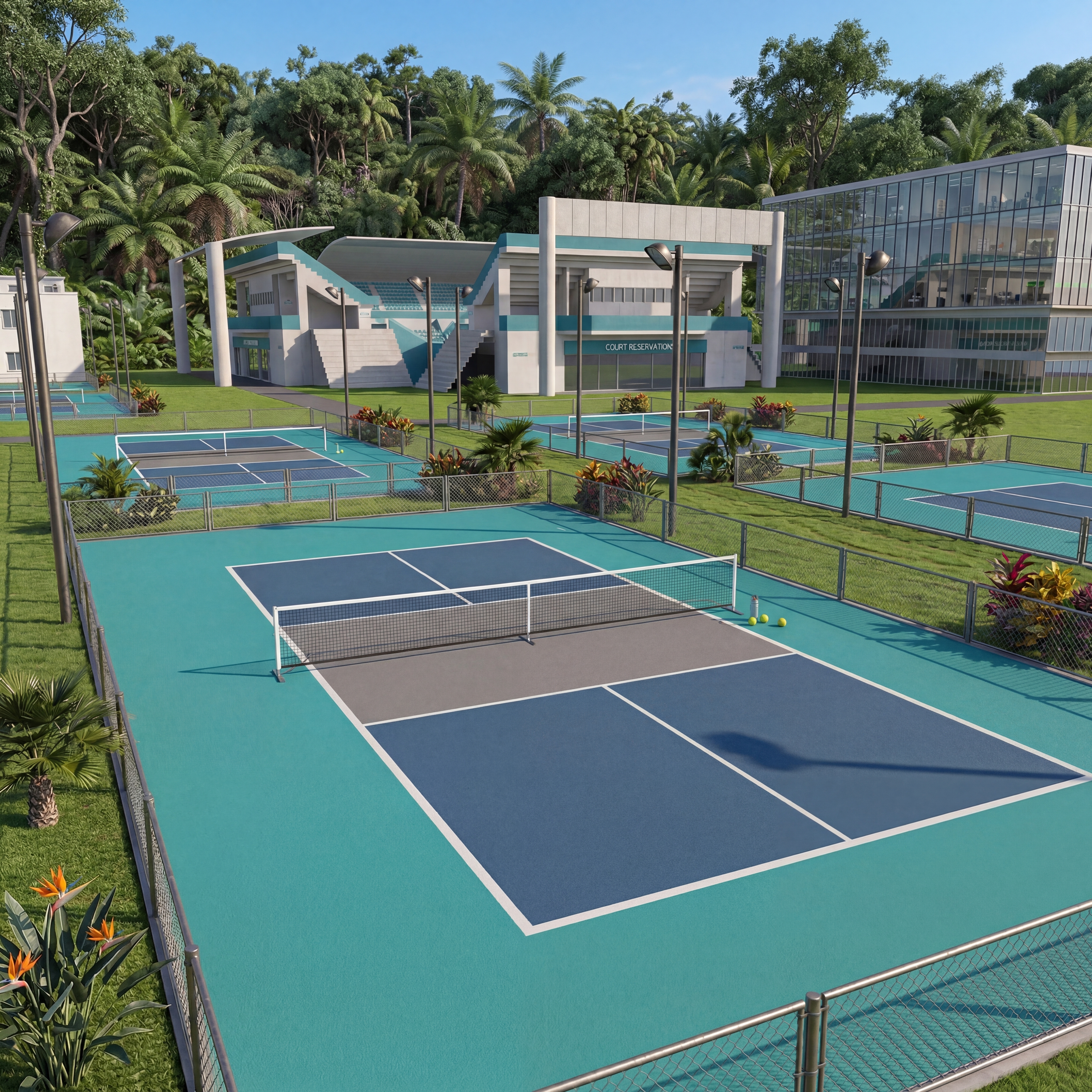 Juna Resort pickleball courts — ground level view with stadium